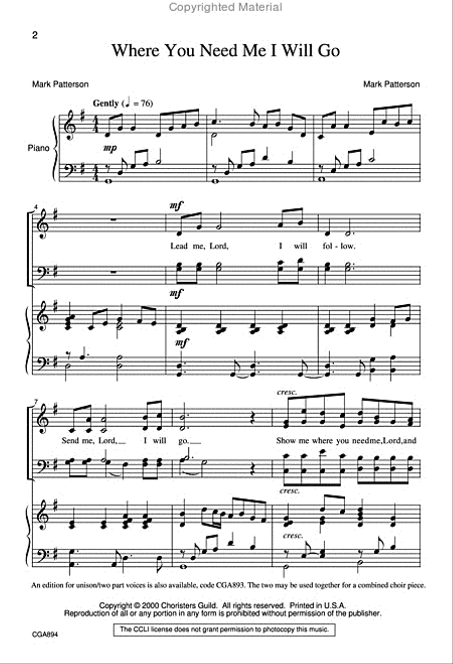 Where You Need Me I Will Go (SATB) 4-Part scores gallery preview page 2
