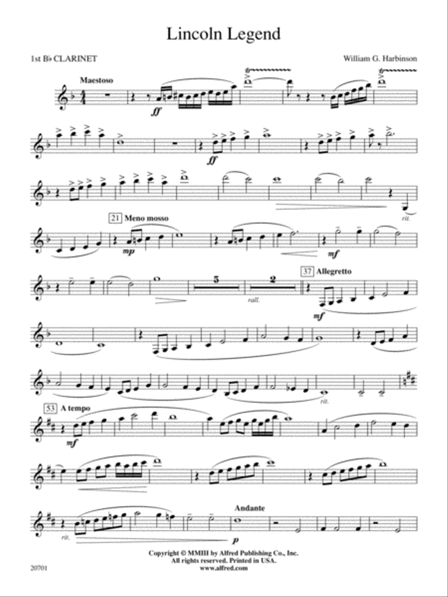 Lincoln Legend: 1st B-flat Clarinet Concert Band scores gallery preview page 1