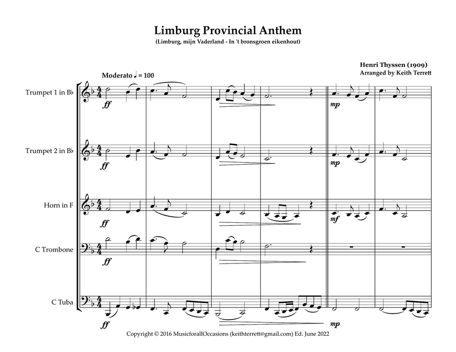 Limburg Provincial Anthem (Limburg, mijn Vaderland - In ’t bronsgroen eikenhout) for Brass Quintet Brass Quintet scores gallery preview page 2