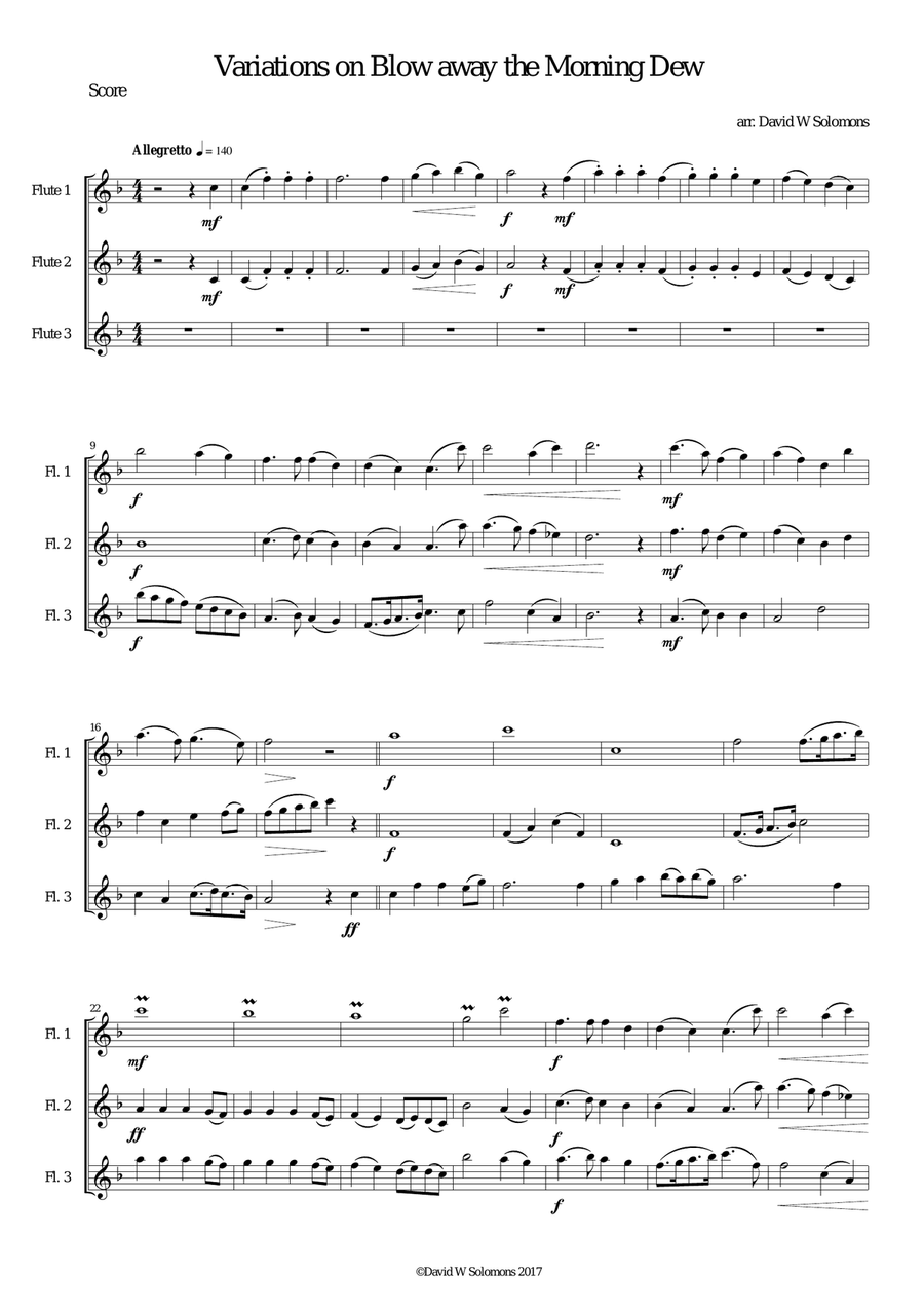 Variations on Blow away the morning dew for flute trio (3 C flutes) Flute Solo scores gallery preview page 1