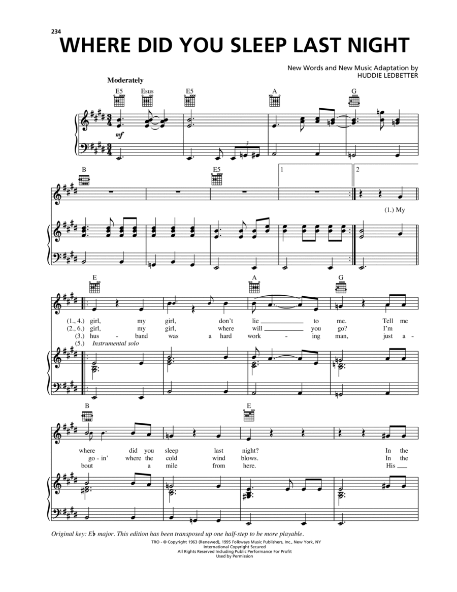 Where Did You Sleep Last Night Piano, Vocal, Guitar scores gallery preview page 1