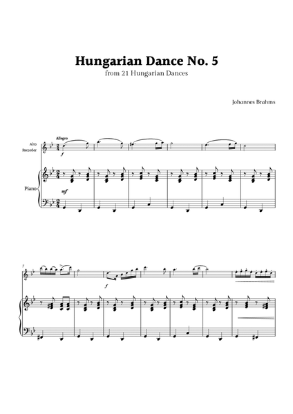 Hungarian Dance No. 5 by Brahms for Alto Recorder and Piano image number null