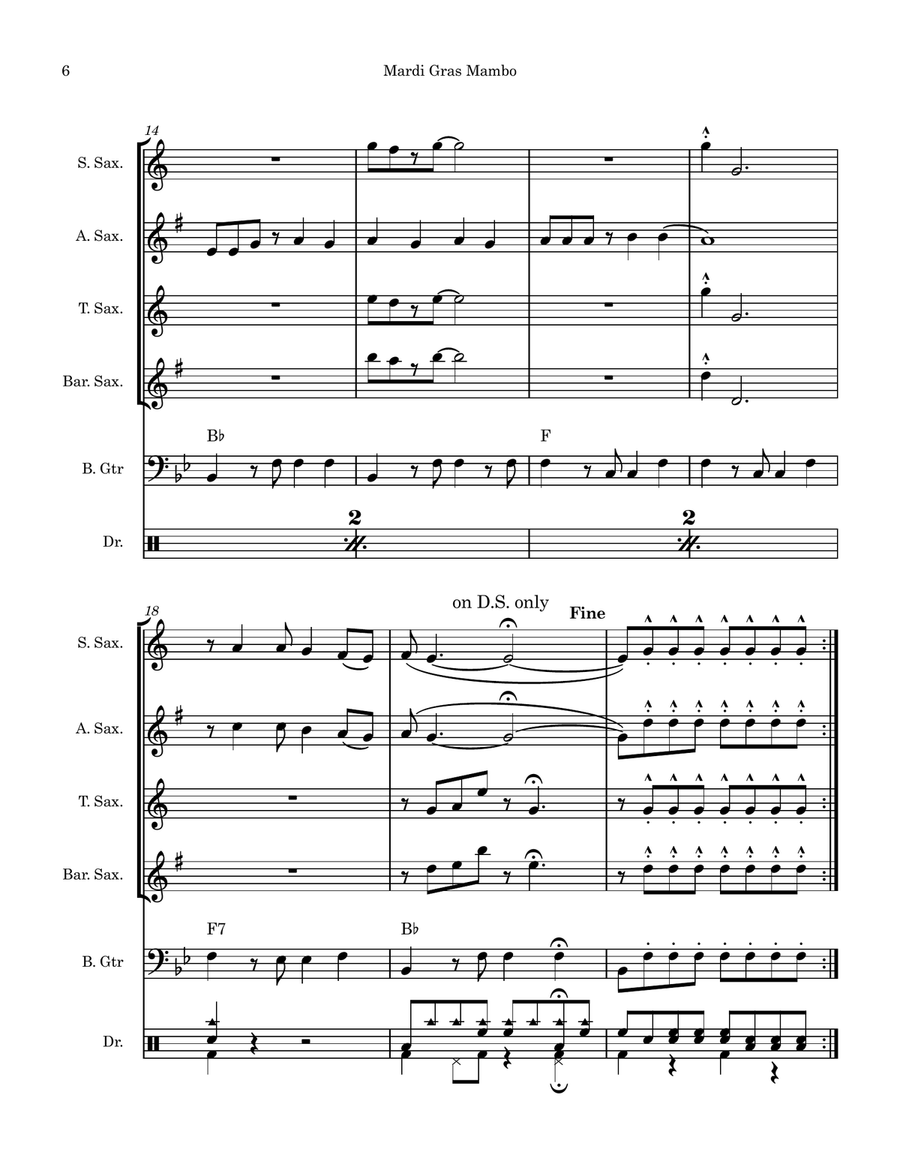 Mardi Gras Mambo Saxophone Quartet scores gallery preview page 6