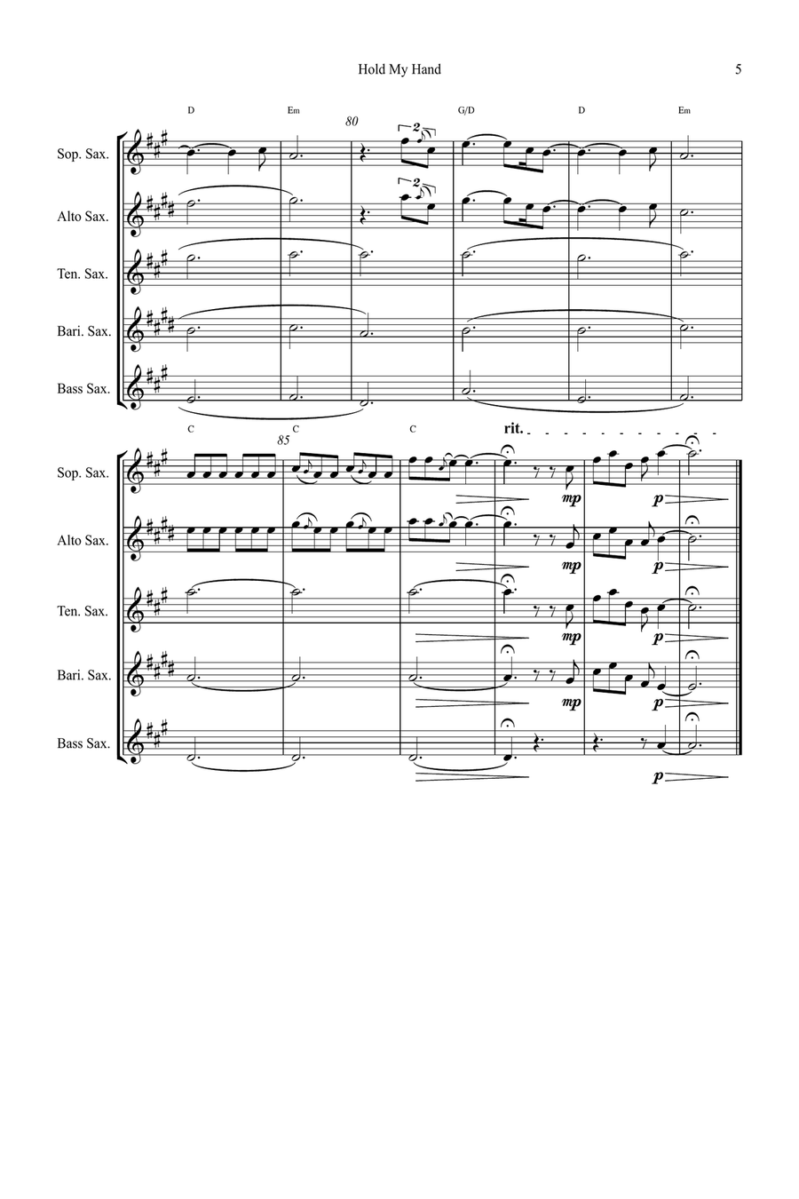 Hold My Hand Saxophone Quintet scores gallery preview page 5