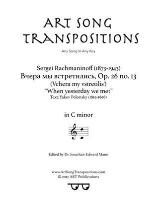 Book cover for RACHMANINOFF: Вчера мы встретились, Op. 26 no. 13 (transposed to C minor)