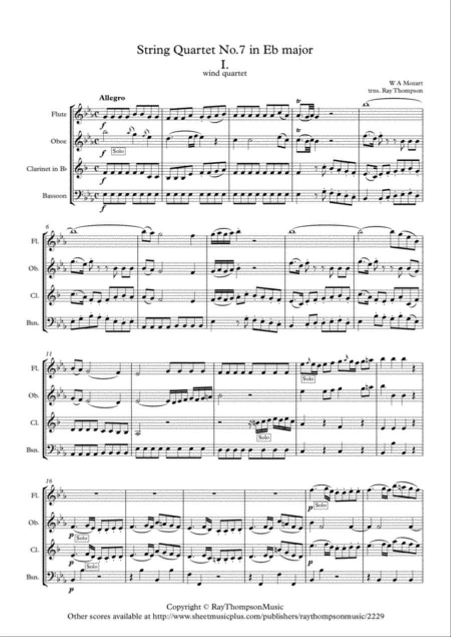 Mozart: String Quartet No.7 in Eb major K160 Mvt.1 - wind quartet Woodwind Quartet scores gallery preview page 1