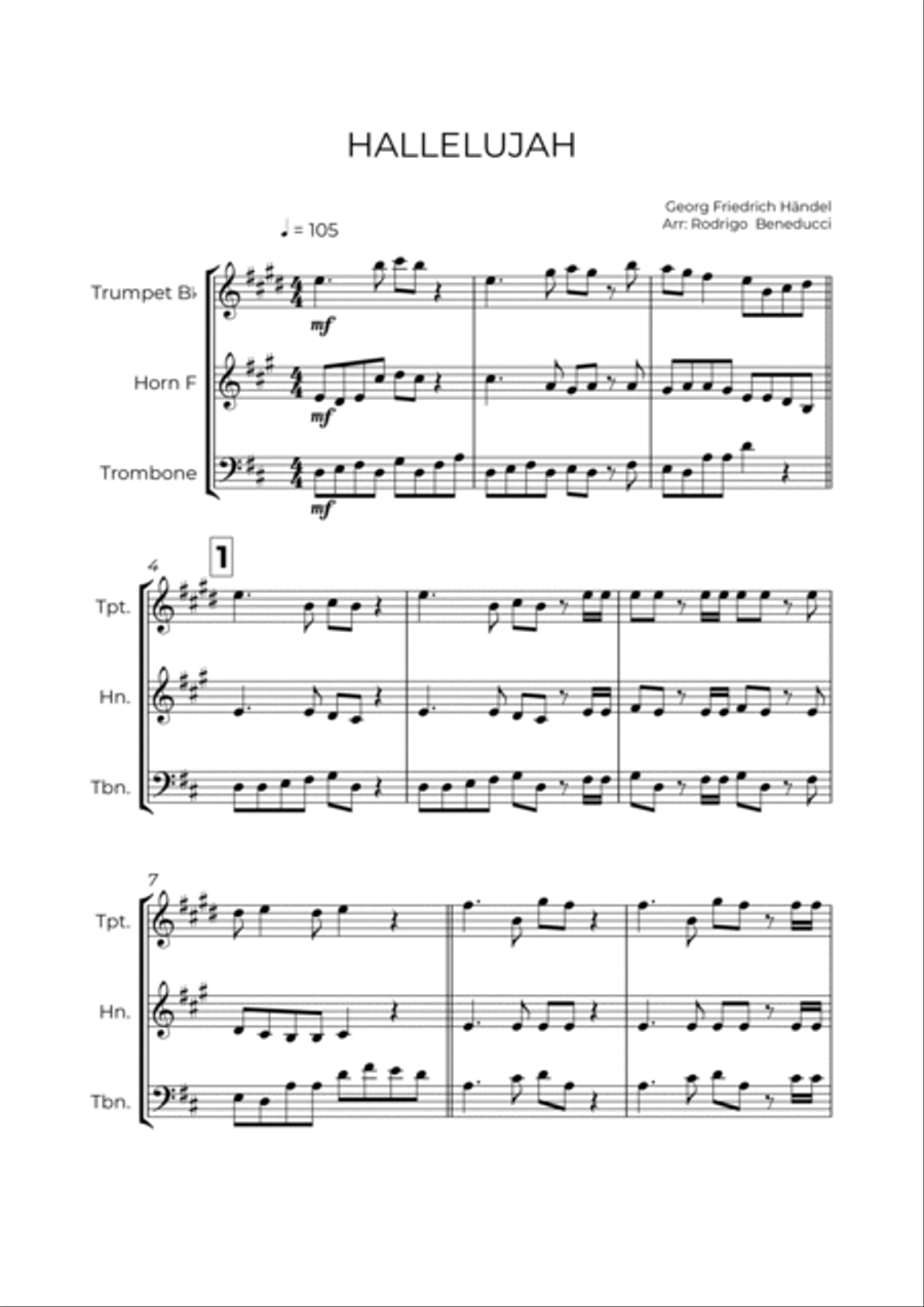 HALLELUJAH - HANDEL - BRASS TRIO (TRUMPET, HORN & TROMBONE) Brass Trio scores gallery preview page 2