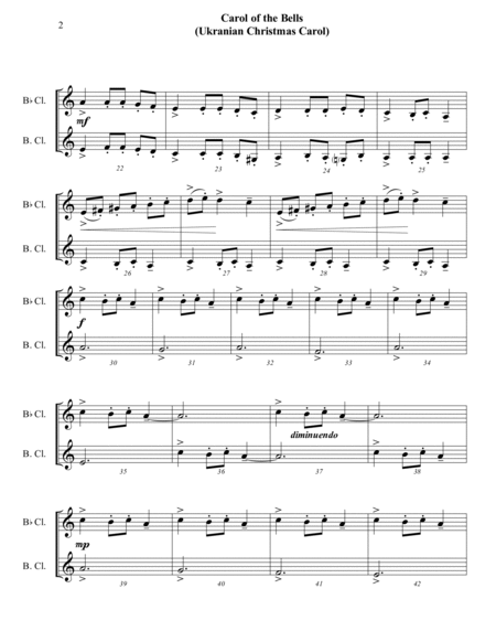 Carol of the Bells (Ukrainian Carol) - Soprano Clarinet and Bass Clarinet Duet - Intermediate image number null