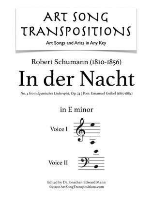 Book cover for SCHUMANN: In der Nacht, Op. 74 no. 4 (transposed to E minor, voice 2 in bass clef)