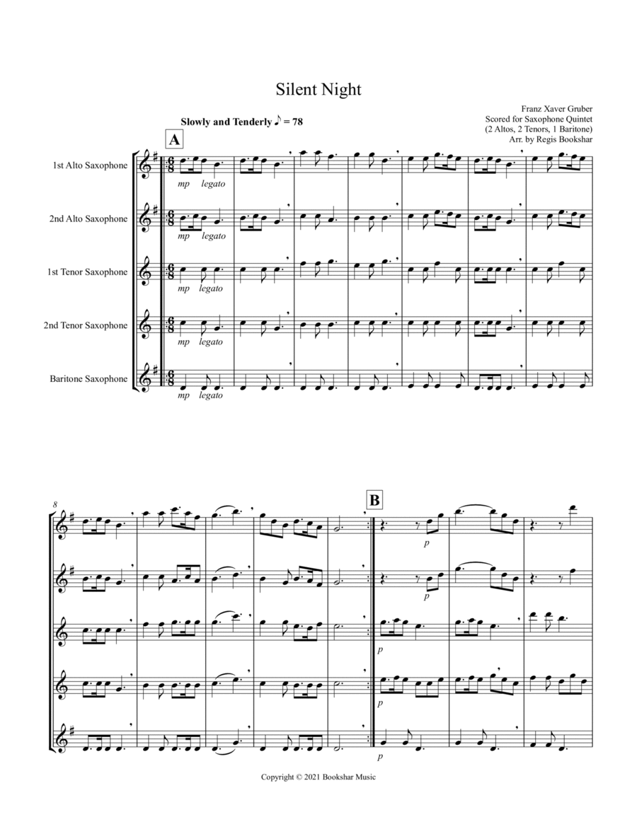 Silent Night (Bb) (Saxophone Quintet - 2 Alto, 2 Tenor, 1 Bari)