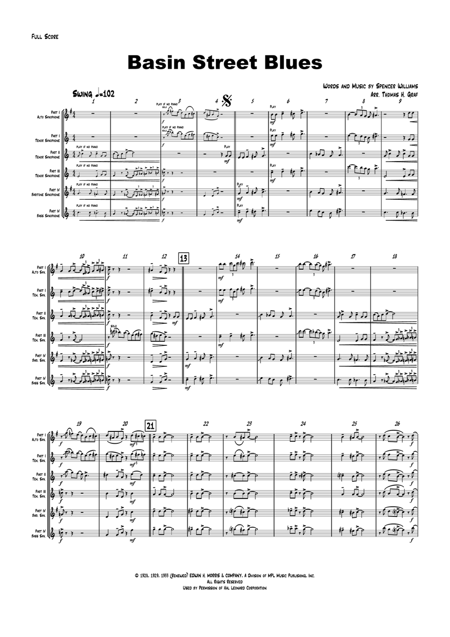 Basin Street Blues Saxophone Quartet scores gallery preview page 1