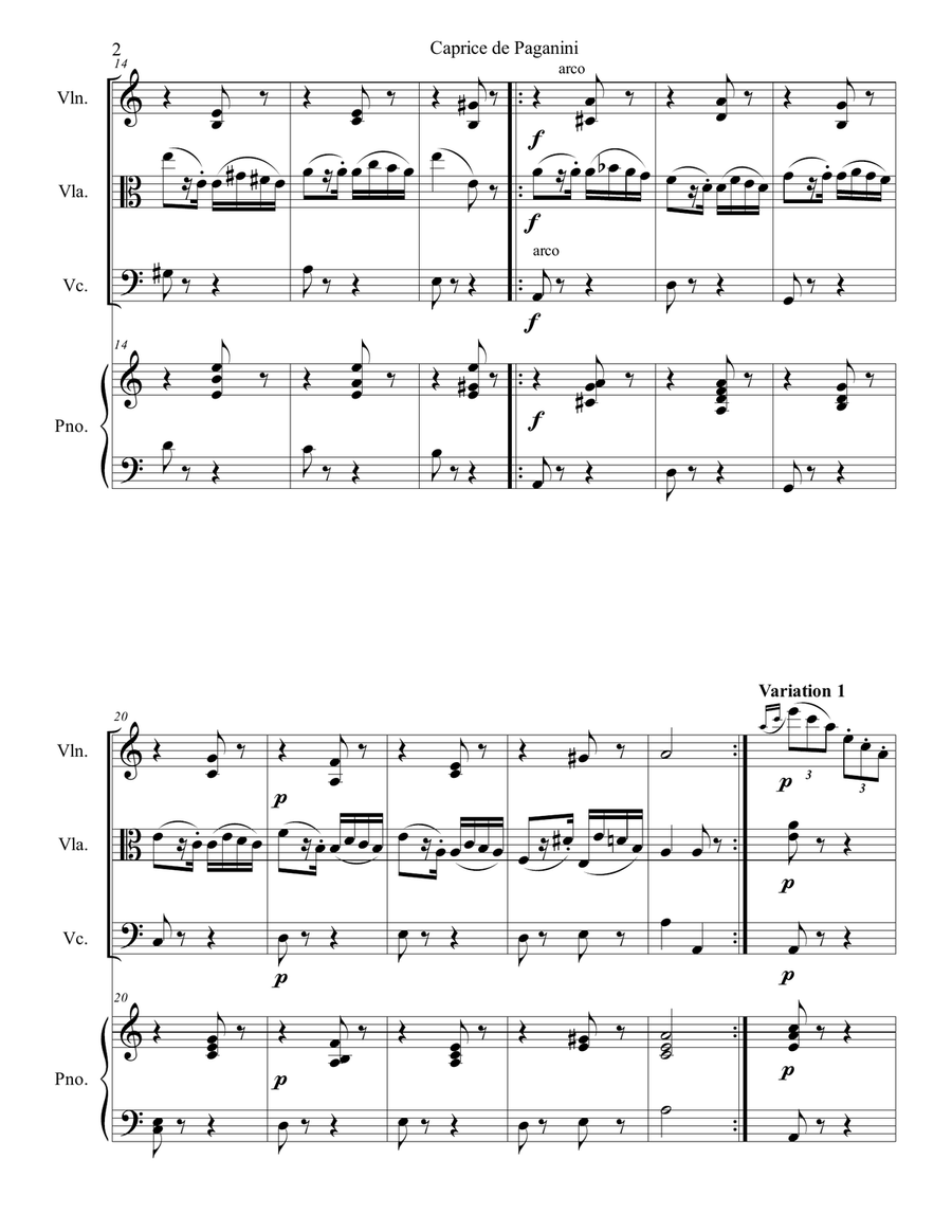 Niccolo Paganini - Caprice No.24 arr. for piano quartet (score and parts) Piano Quartet scores gallery preview page 2