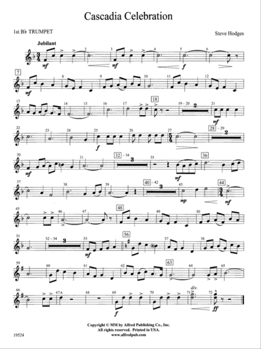 Cascadia Celebration: 1st B-flat Trumpet Concert Band scores gallery preview page 1
