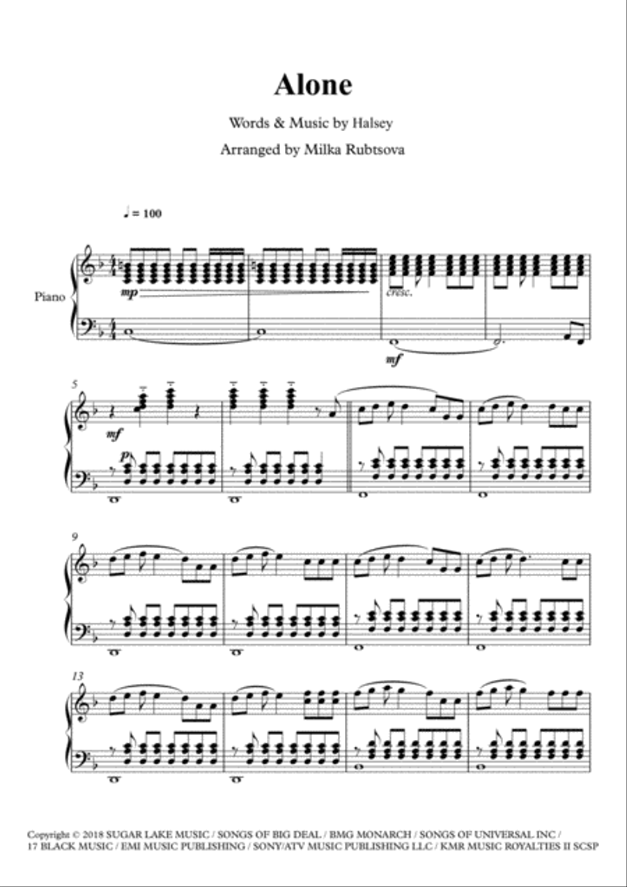 Alone Piano Solo scores gallery preview page 1