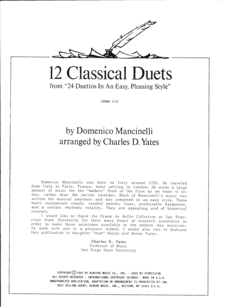 12 Classical Duets (from 24 Duettos In An Easy, Pleasing Style)