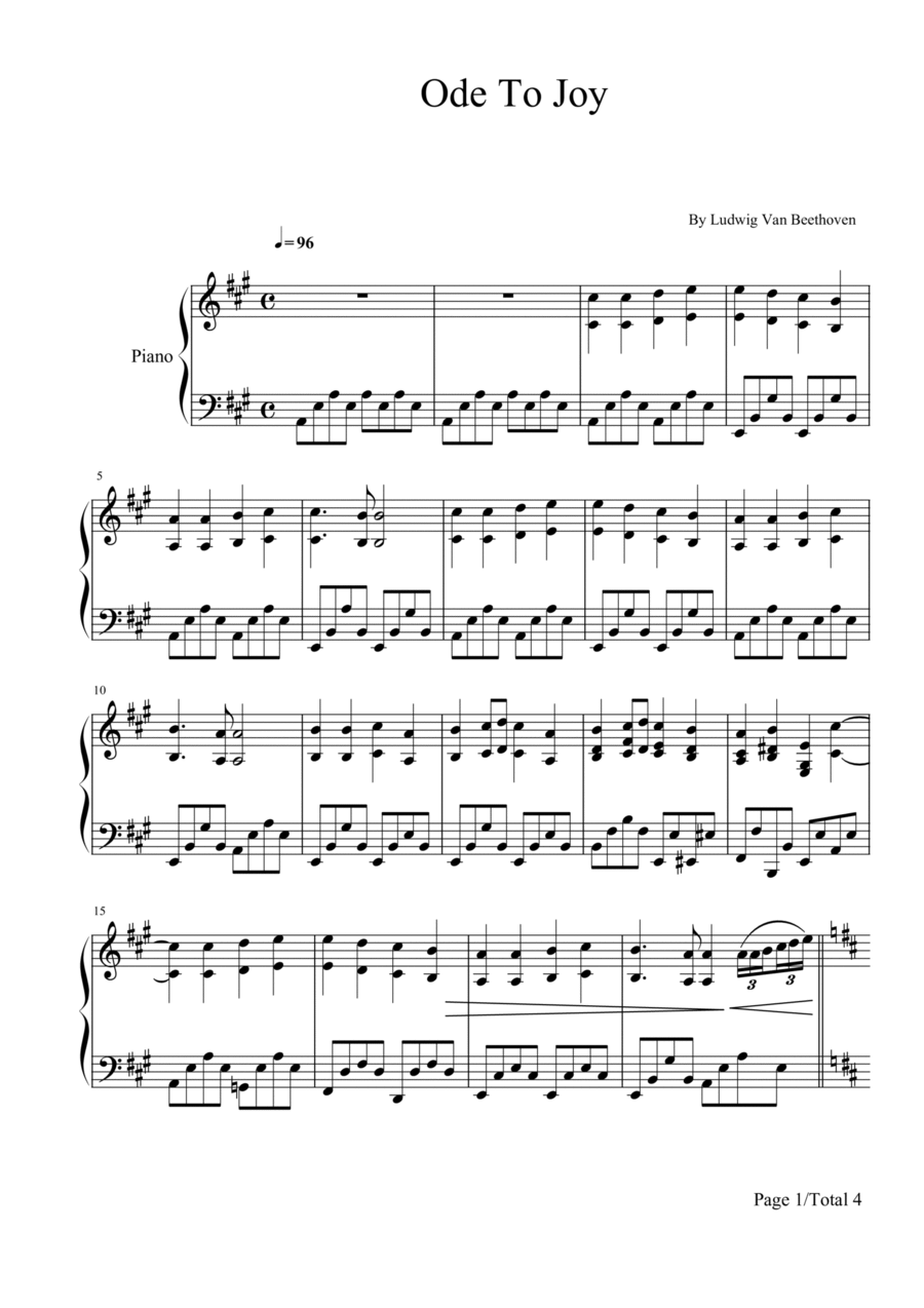 Ode to Joy,A Major,from Beethoven Symphony No.9,Piano Solo Sheet Piano Solo scores gallery preview page 1