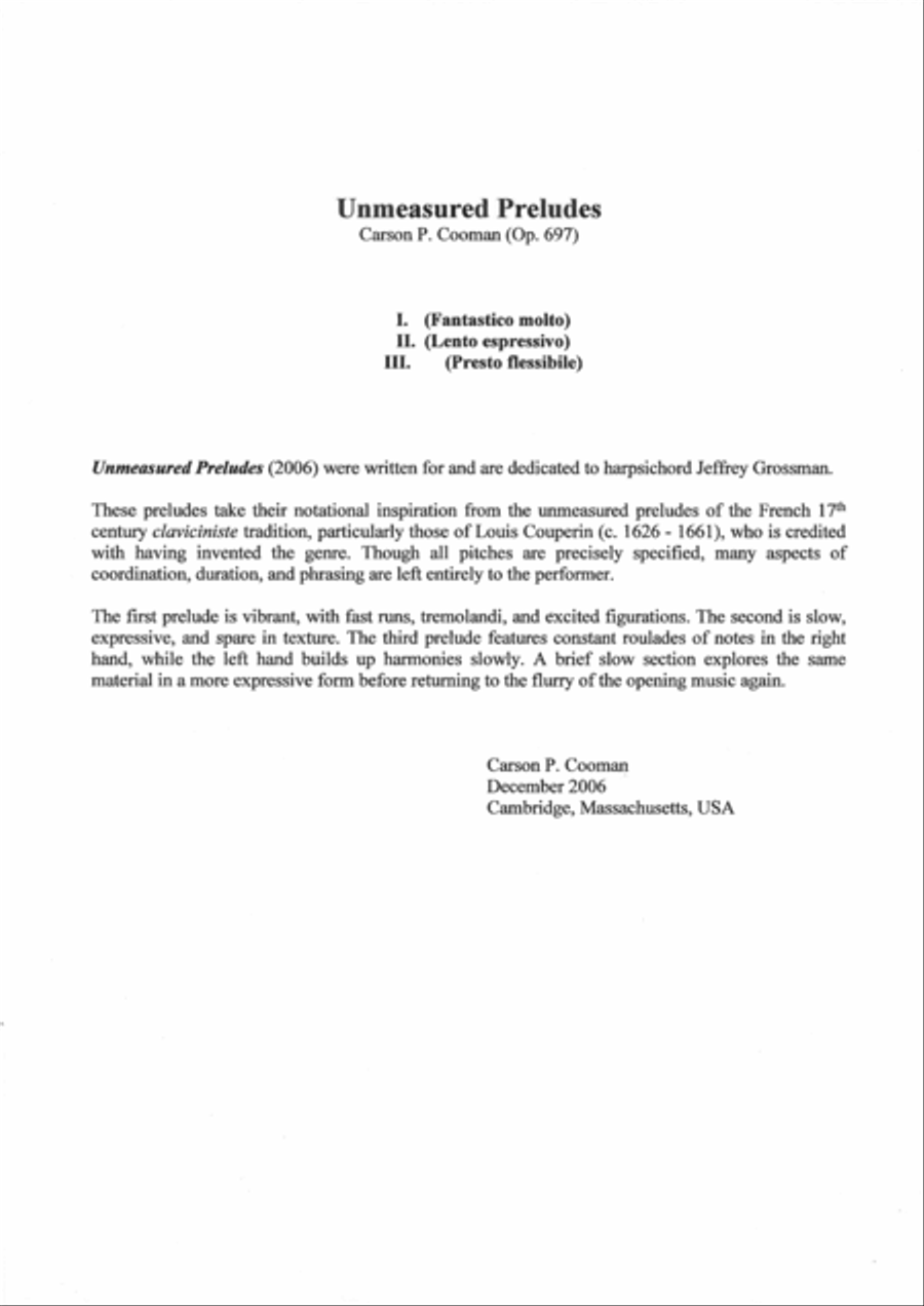 Carson Cooman: Unmeasured Preludes (2006) for harpsichord Harpsichord scores gallery preview page 1