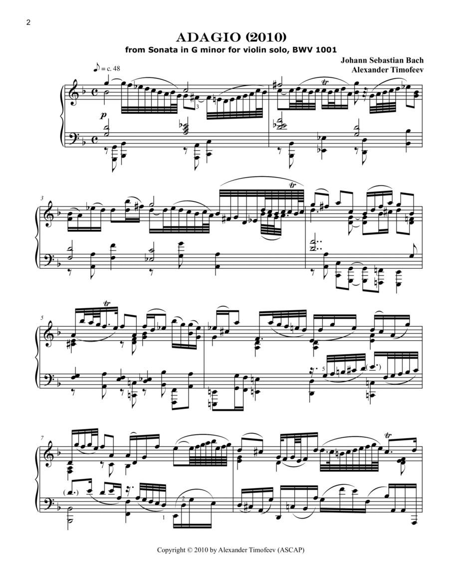 Adagio, Concert Transcription for Piano from Bach’s Sonata in G Minor for Violin Solo, BWV 1001 Violin Solo scores gallery preview page 1