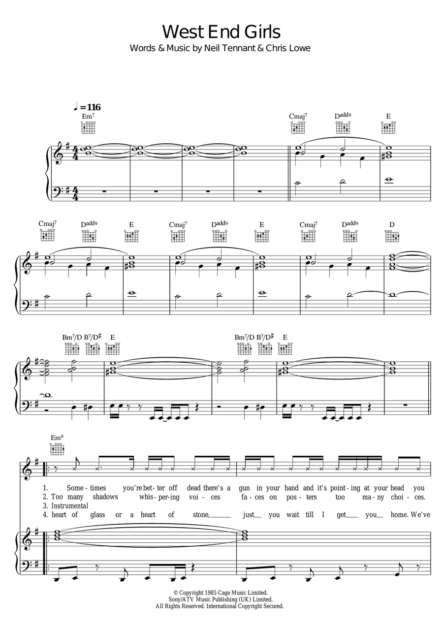 West End Girls by Pet Shop Boys - Piano, Vocal, Guitar - Digital