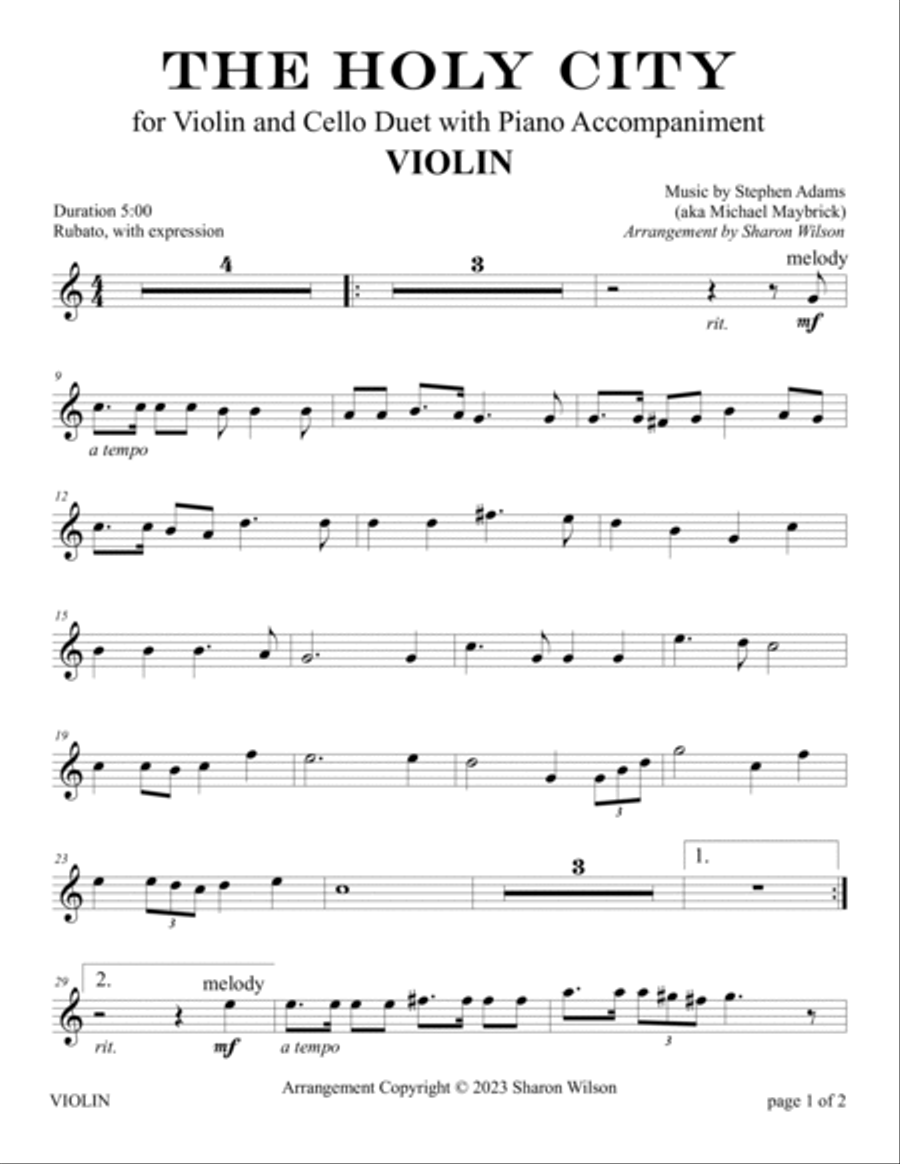 The Holy City (for VIOLIN and CELLO Duet with PIANO Accompaniment) Piano Trio scores gallery preview page 3
