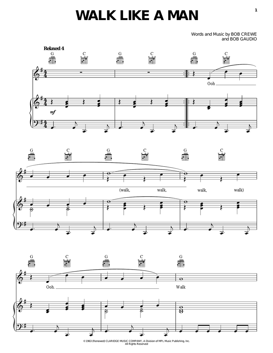 Walk Like A Man Piano, Vocal, Guitar scores gallery preview page 1