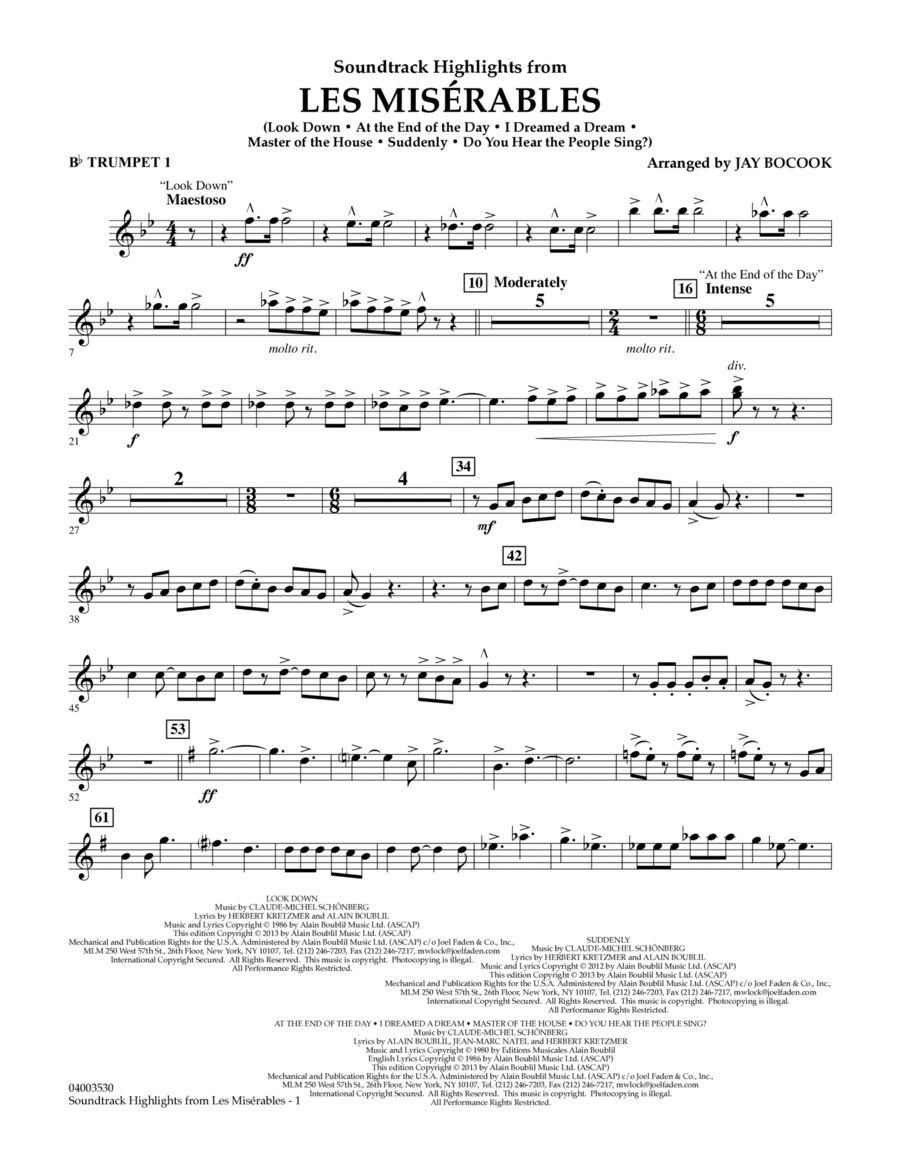 Soundtrack Highlights from Les Miserables - Bb Trumpet 1 Concert Band scores gallery preview page 1