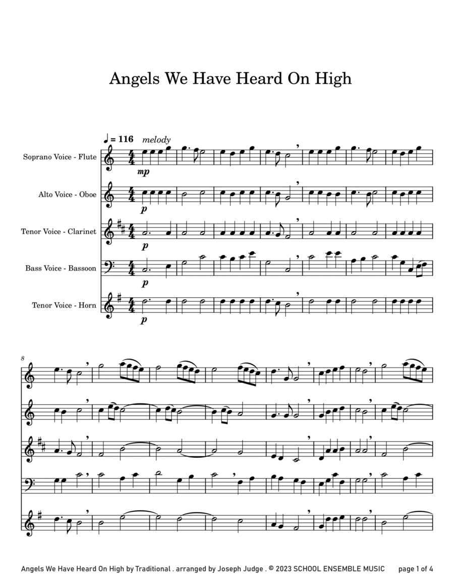 Angels We Have Heard On High for Woodwind Quartet in Schools Woodwind Quartet scores gallery preview page 1
