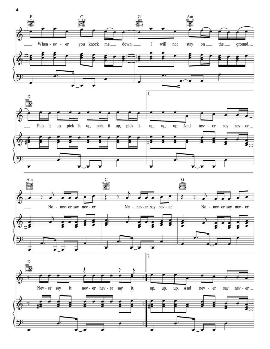 Never Say Never Piano, Vocal, Guitar scores gallery preview page 4