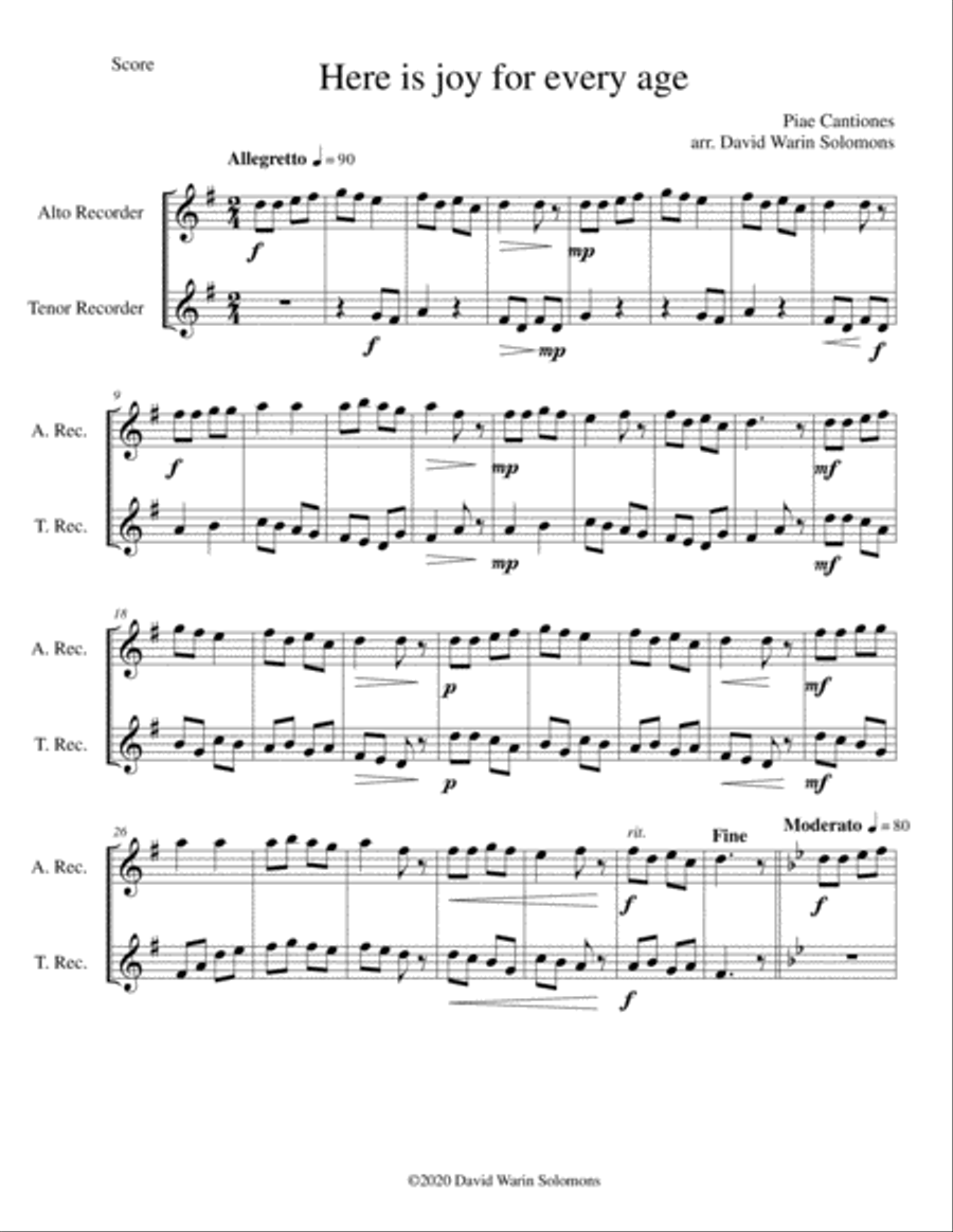 Variations on Here is joy for every age (Ecce novum gaudium Piae Cantiones) alto n tenor recorders Woodwind Duet scores gallery preview page 1