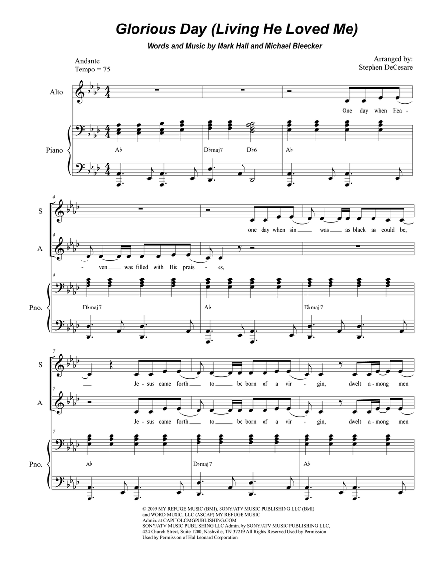 Glorious Day (Living He Loved Me) Alto Voice scores gallery preview page 1