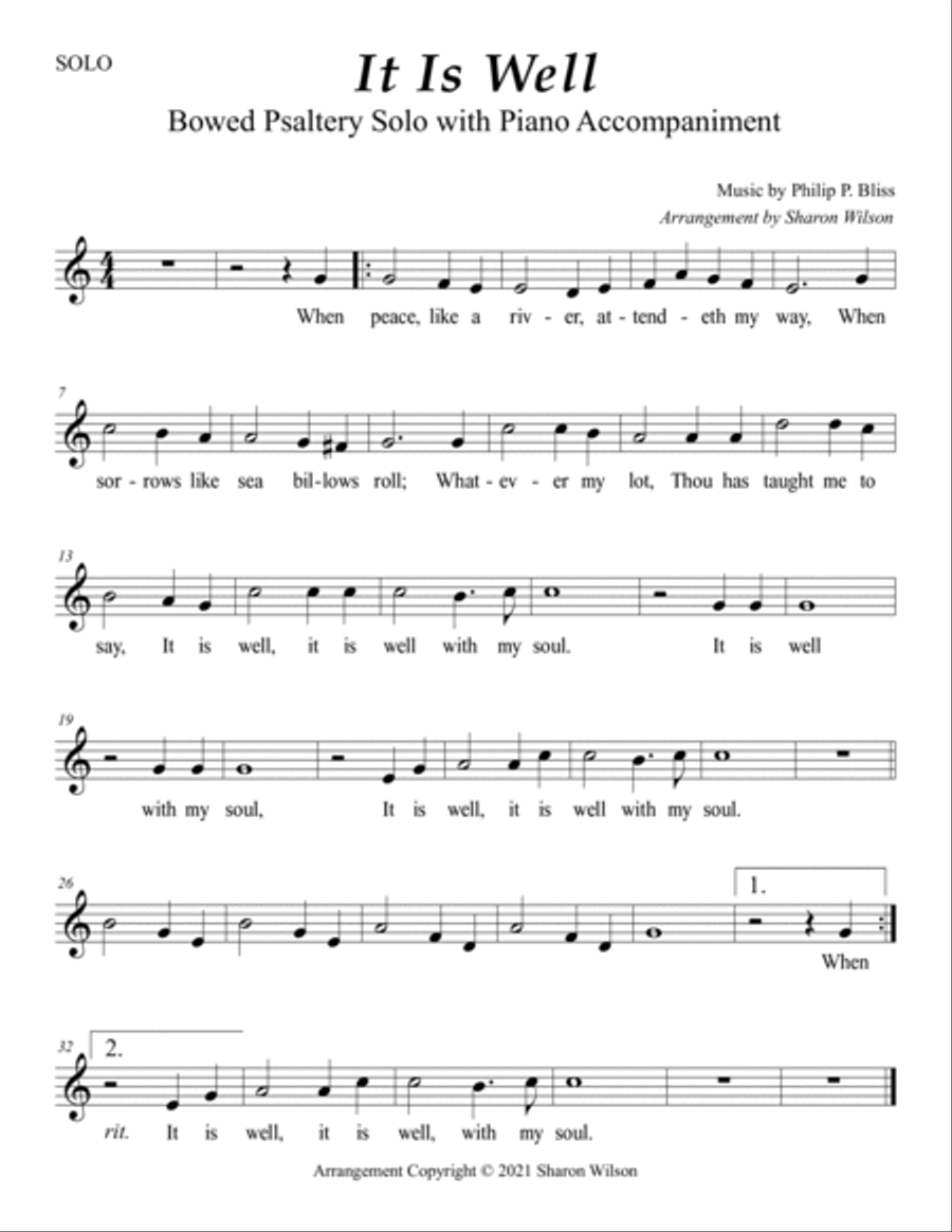 It Is Well (Easy Bowed Psaltery Solo with Piano Accompaniment) Zither scores gallery preview page 2