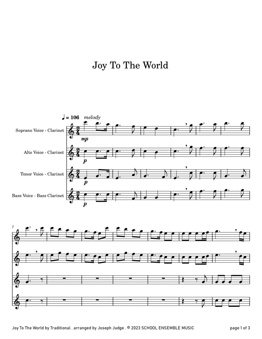 Joy To The World for Clarinet Quartet in Schools Clarinet Quartet scores gallery preview page 1