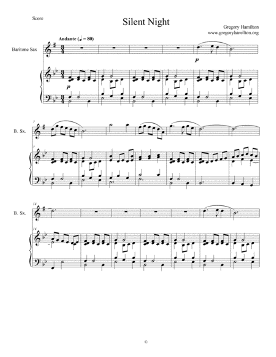 Silent Night for Baritone Sax and Piano Baritone Saxophone scores gallery preview page 1