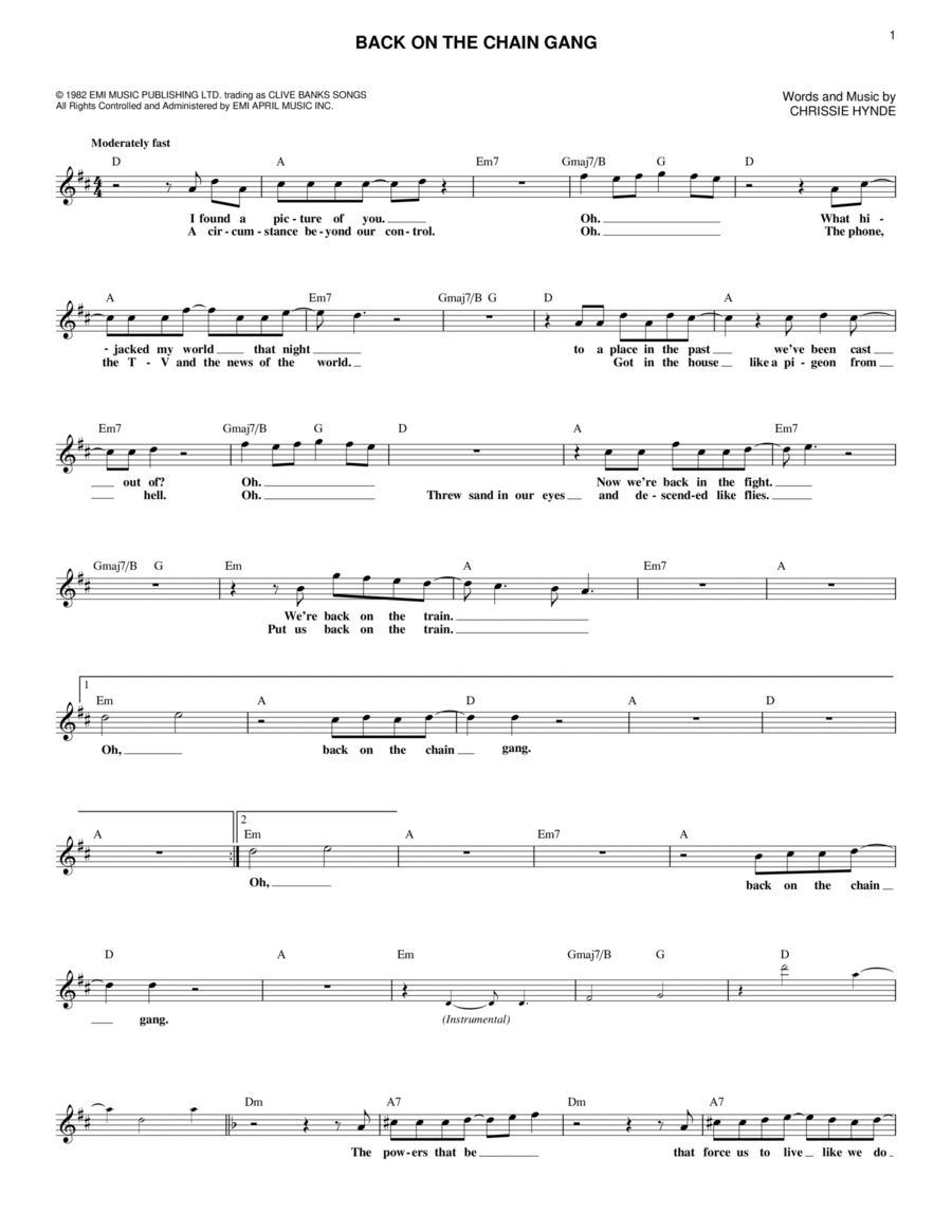 Back On The Chain Gang Back On The Chain Gang Piano scores gallery preview page 1