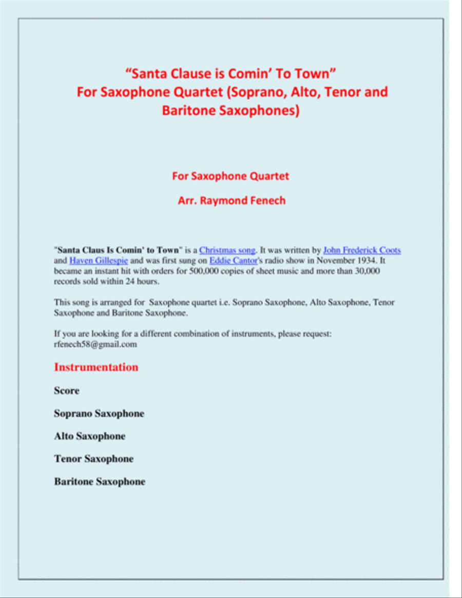 Santa Claus Is Comin' To Town Saxophone Quartet scores gallery preview page 2