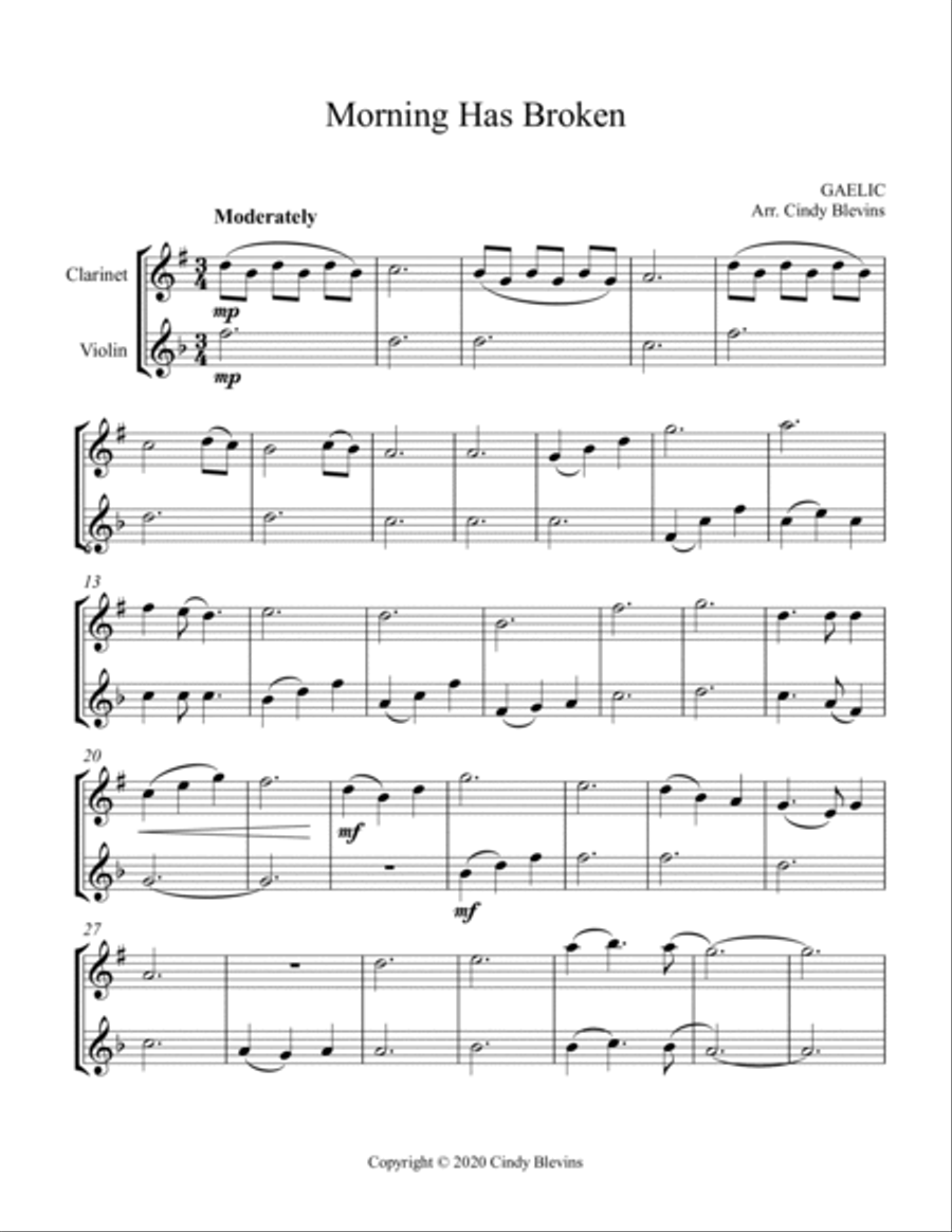 Morning Has Broken, Clarinet and Violin Clarinet scores gallery preview page 2