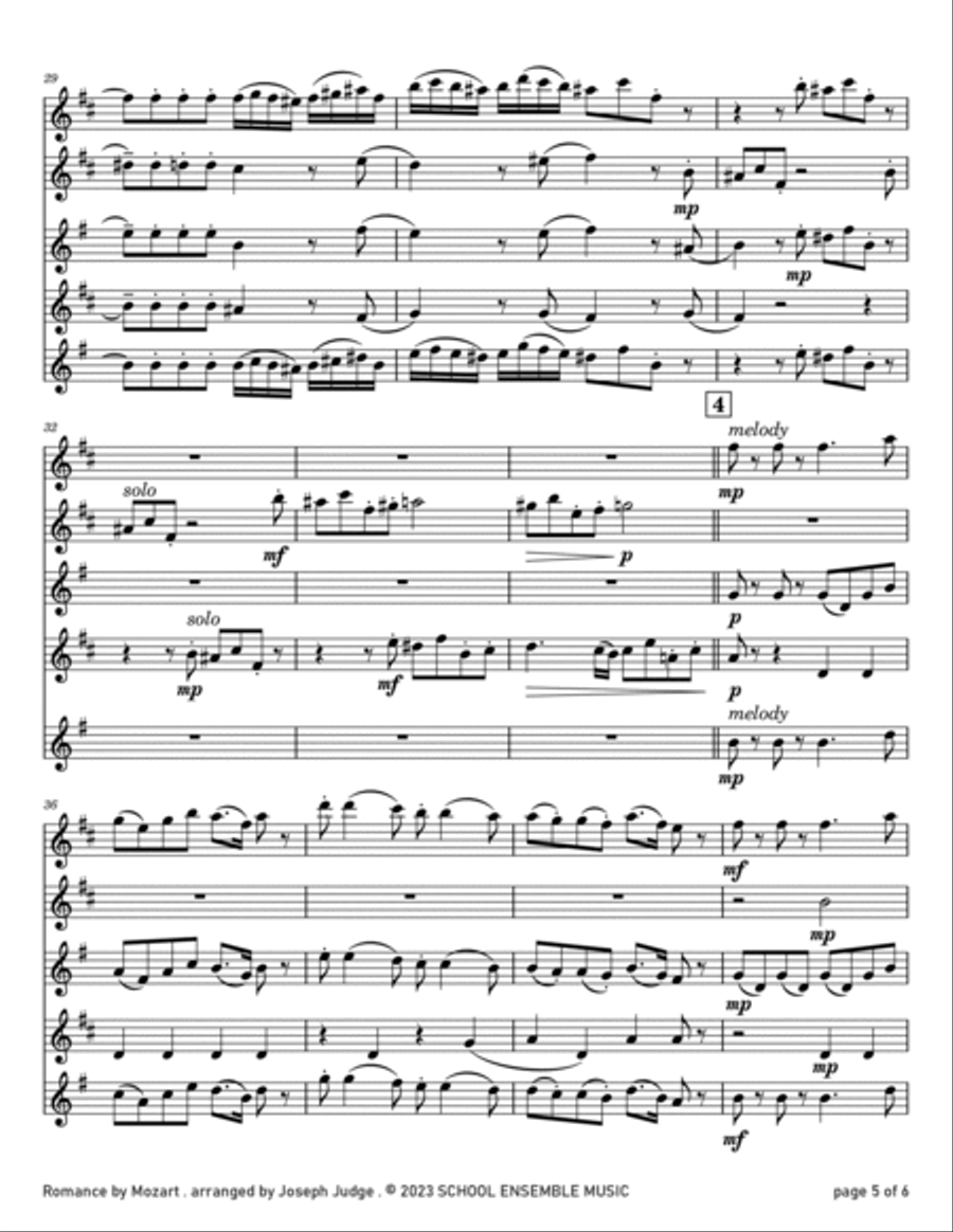 Romance by Mozart for Saxophone Quartet in Schools Saxophone Quartet scores gallery preview page 5