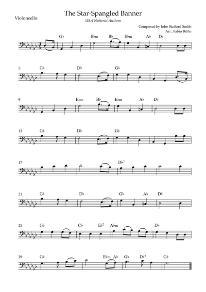 The Star Spangled Banner (USA National Anthem) for Cello Solo with Chords (Gb Major)