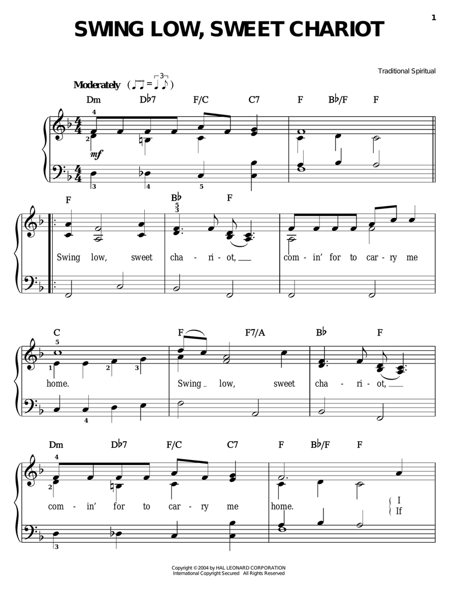 Swing Low, Sweet Chariot Swing Low, Sweet Chariot Easy Piano scores gallery preview page 1