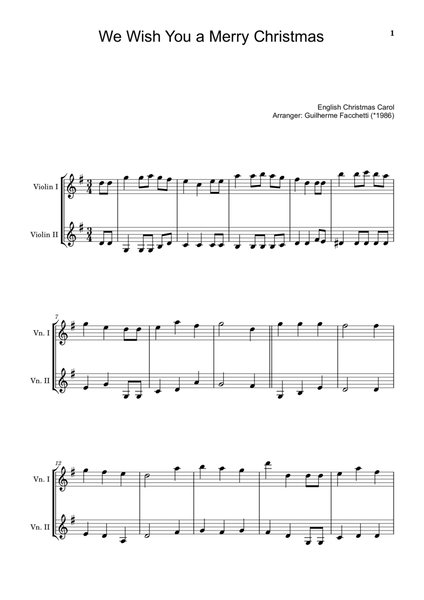 English Christmas Carol. We Wish You a Merry Christmas. Arrangement for Violin Duet image number null