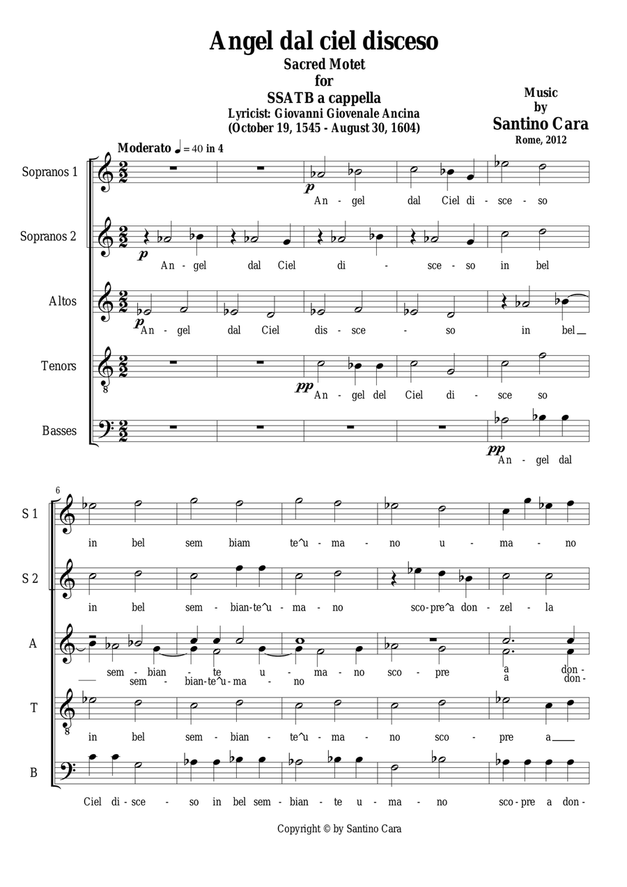Angel dal ciel disceso - Sacred Motet for Choir SSATB a cappella Divisi scores gallery preview page 1
