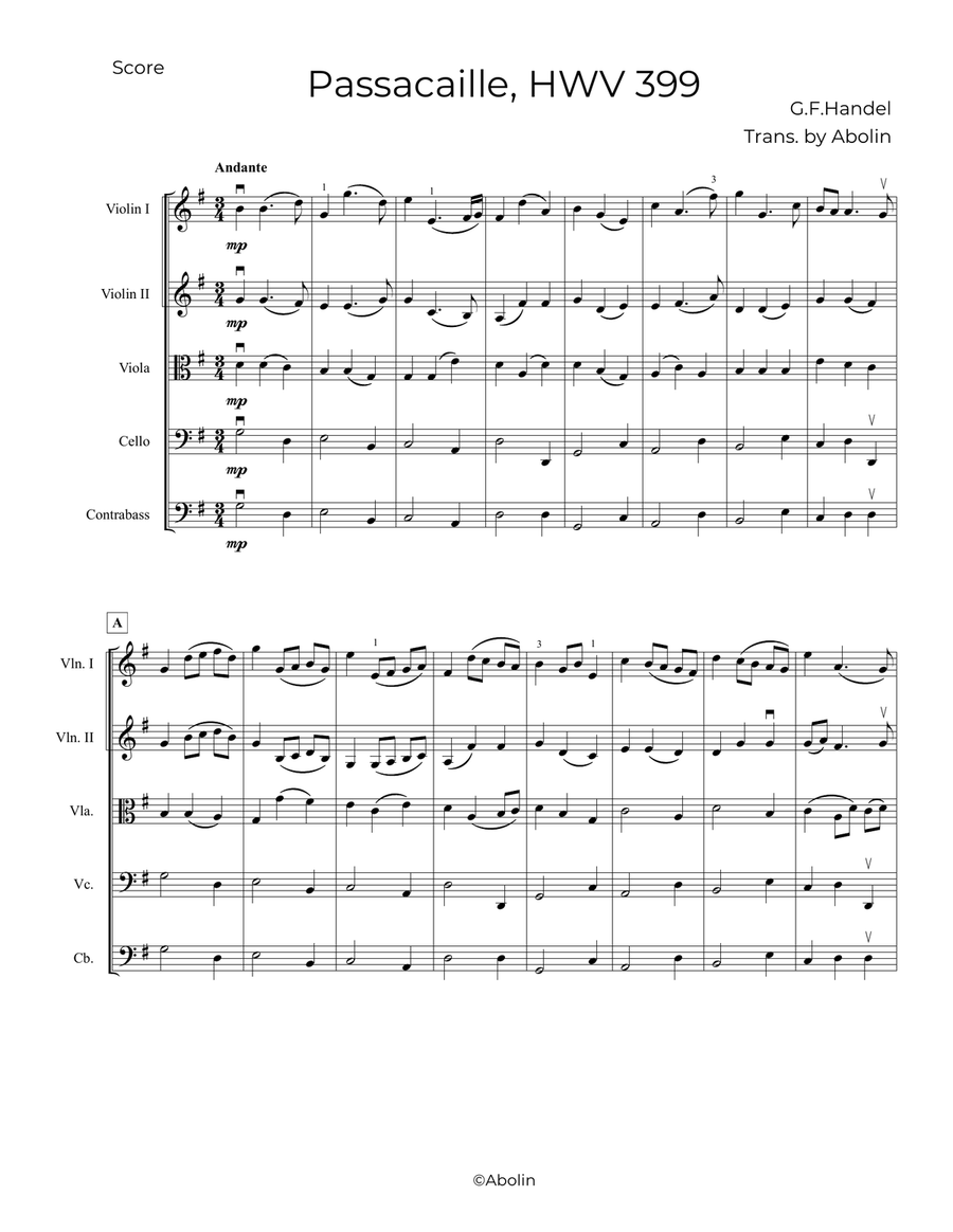 Handel: Passacaille (Passacaglia), HWV 399, arr. for String Orchestra Chamber Music scores gallery preview page 2