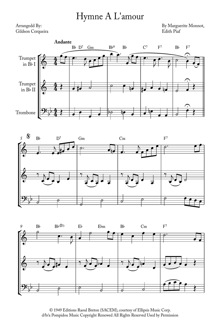 Hymne A L'amour Brass Ensemble scores gallery preview page 1