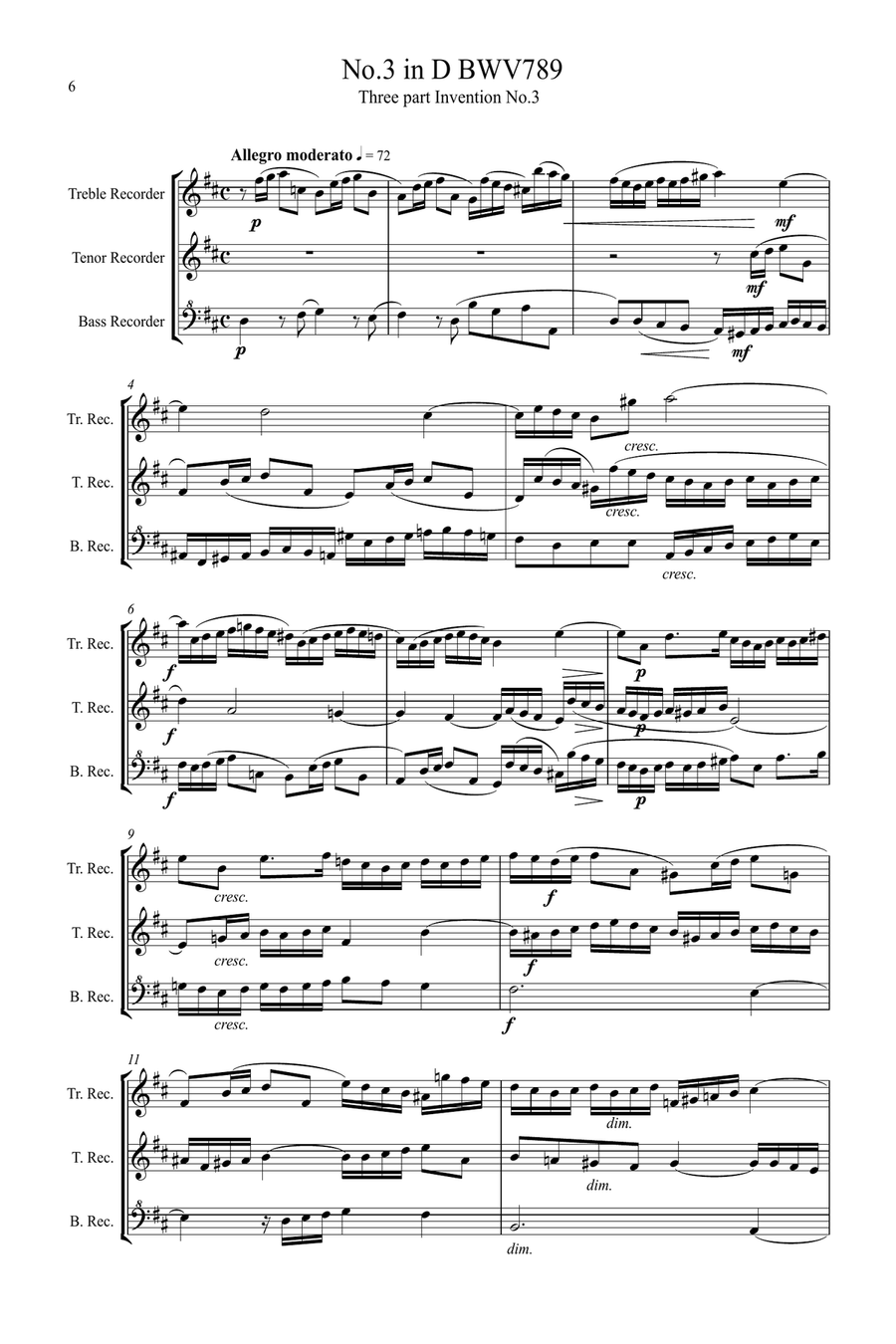 Bach: Sinfonia (Three part Inventions) Nos.1, 2 & 3 - low recorder trio (TTB/ATB) TTB scores gallery preview page 6