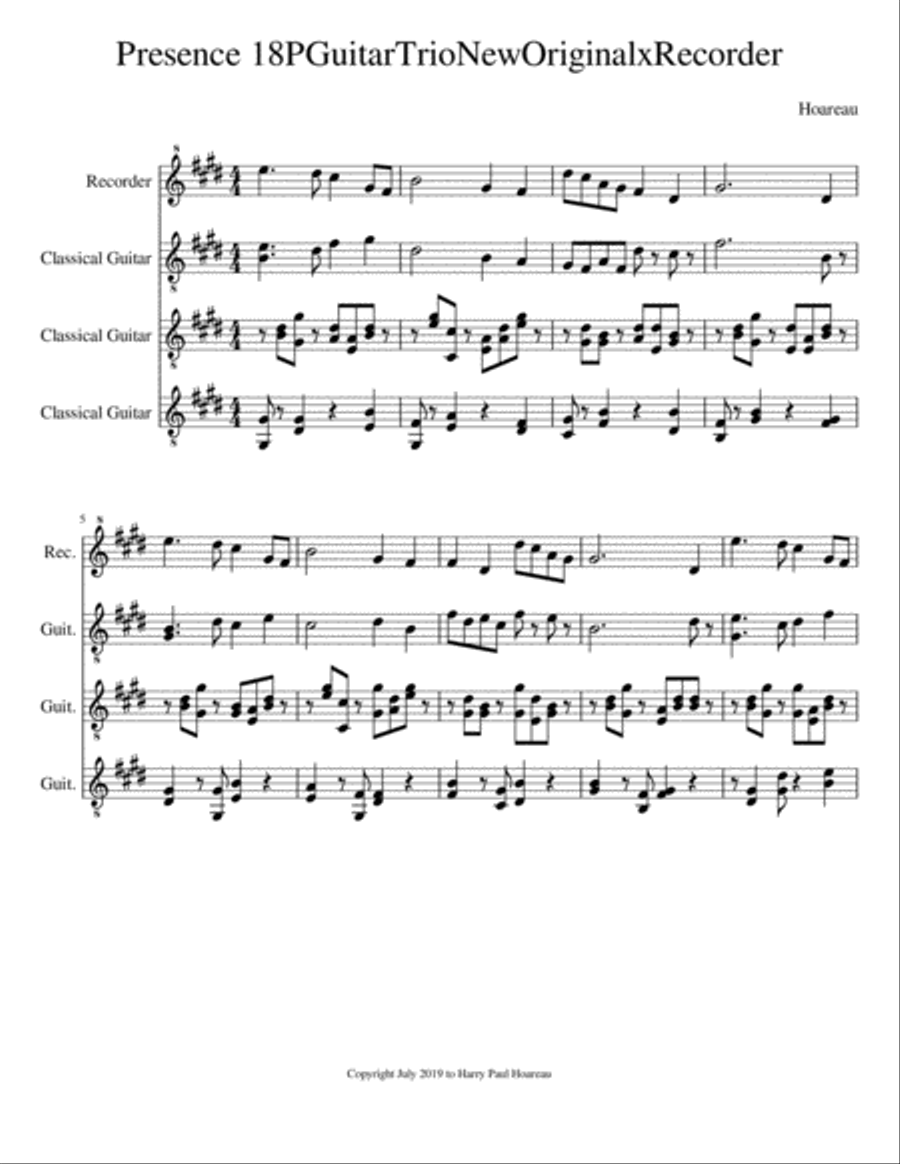 Presence 18p 3 Guitars,1 Recorder Small Ensemble scores gallery preview page 1