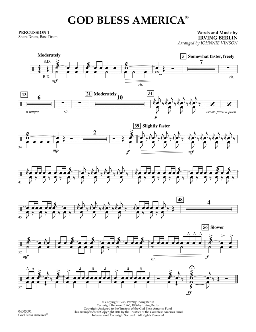 God Bless America - Percussion 1 Concert Band scores gallery preview page 1
