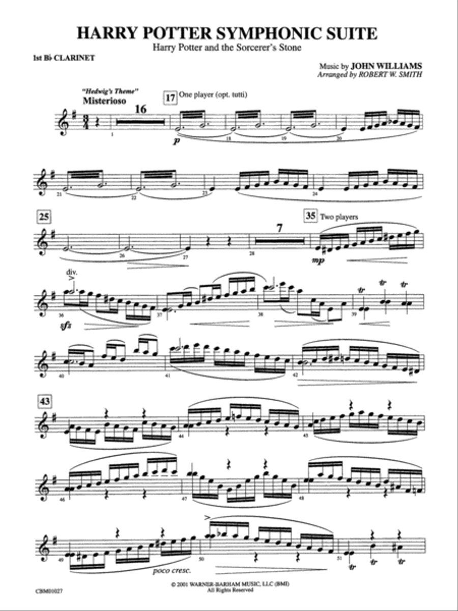 Harry Potter Symphonic Suite: 1st B-flat Clarinet Concert Band scores gallery preview page 1