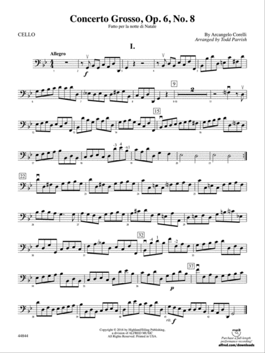 Concerto Grosso, Op. 6, No. 8: Cello String Orchestra scores gallery preview page 1