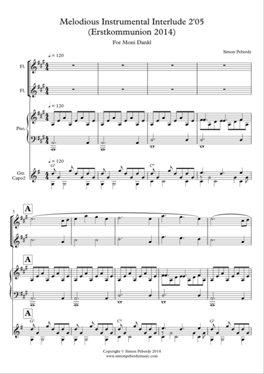 Instrumental Interlude 2'05 for 2 flutes, guitar and/or piano by Simon Peberdy Flute scores gallery preview page 2