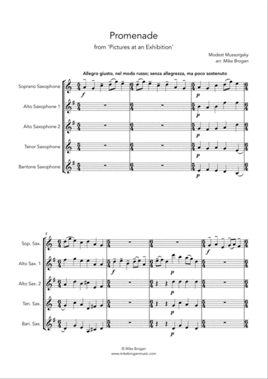 Promenade, Mussorgsky - SAATB saxophone quintet Saxophone Quintet scores gallery preview page 1